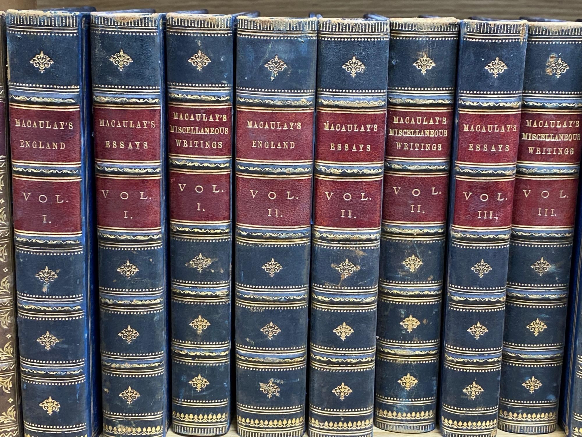 A collection of small bindings, including Macaulays England, Essays, etc., Thackeray, Froude and Ruskin